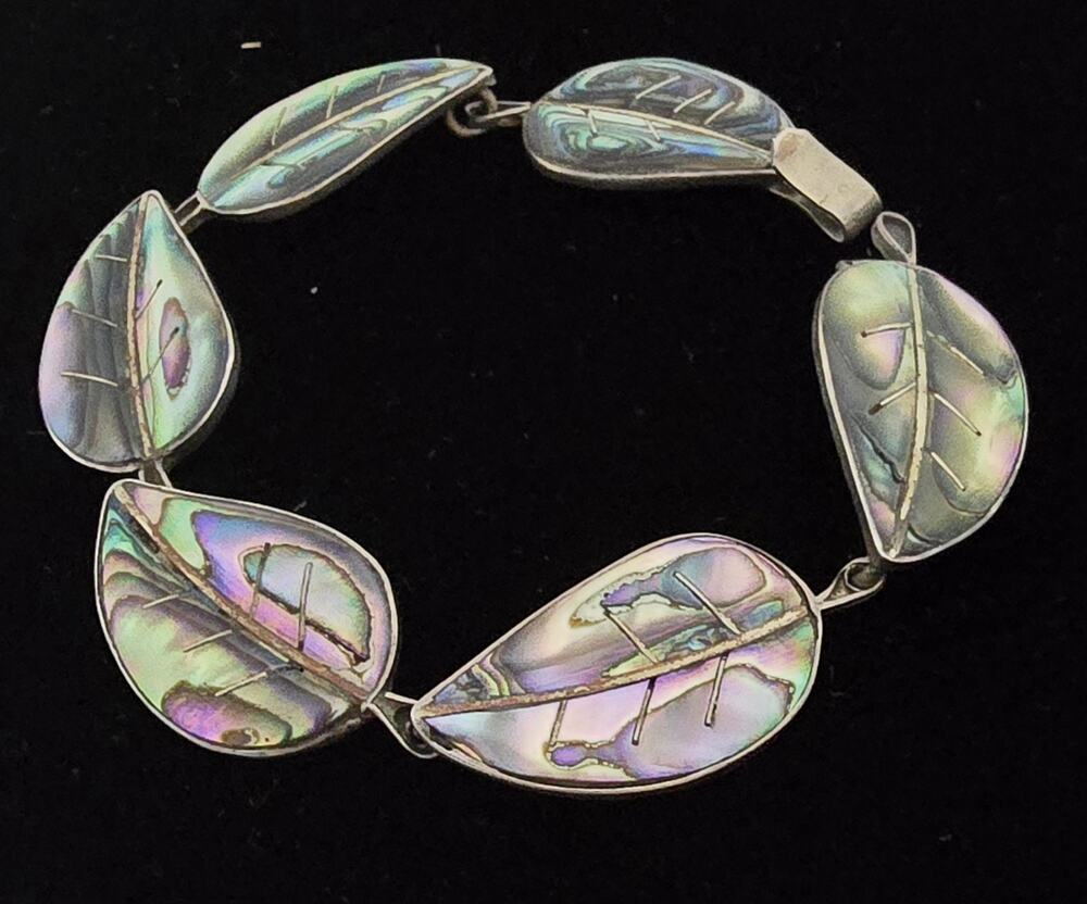 VTG TAXCO Sterling Silver Mexico Bracelet Leaves Abalone Inlay: 7.5" Signed CUP